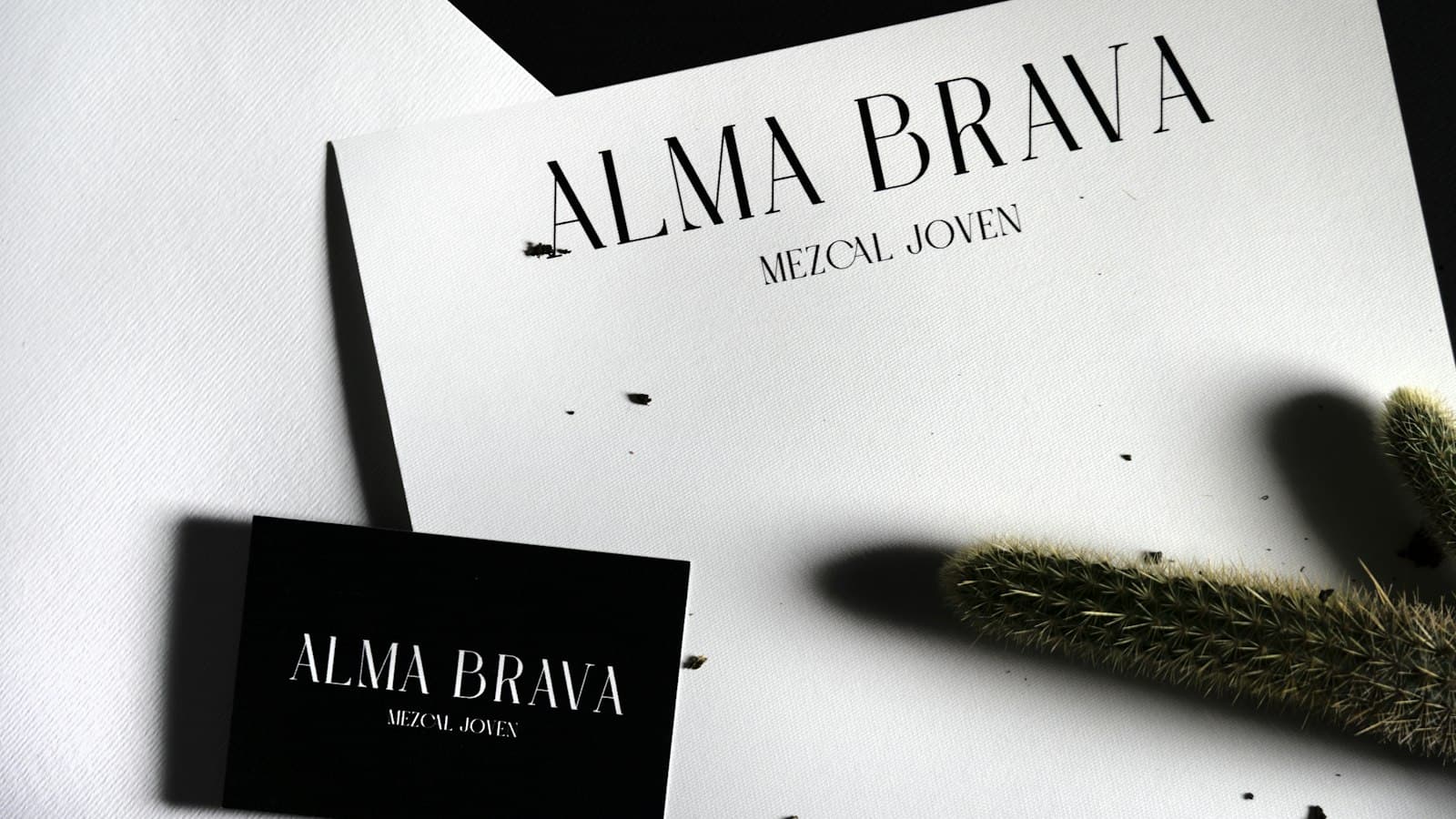 Black and white brand stationery with an elegant wordmark