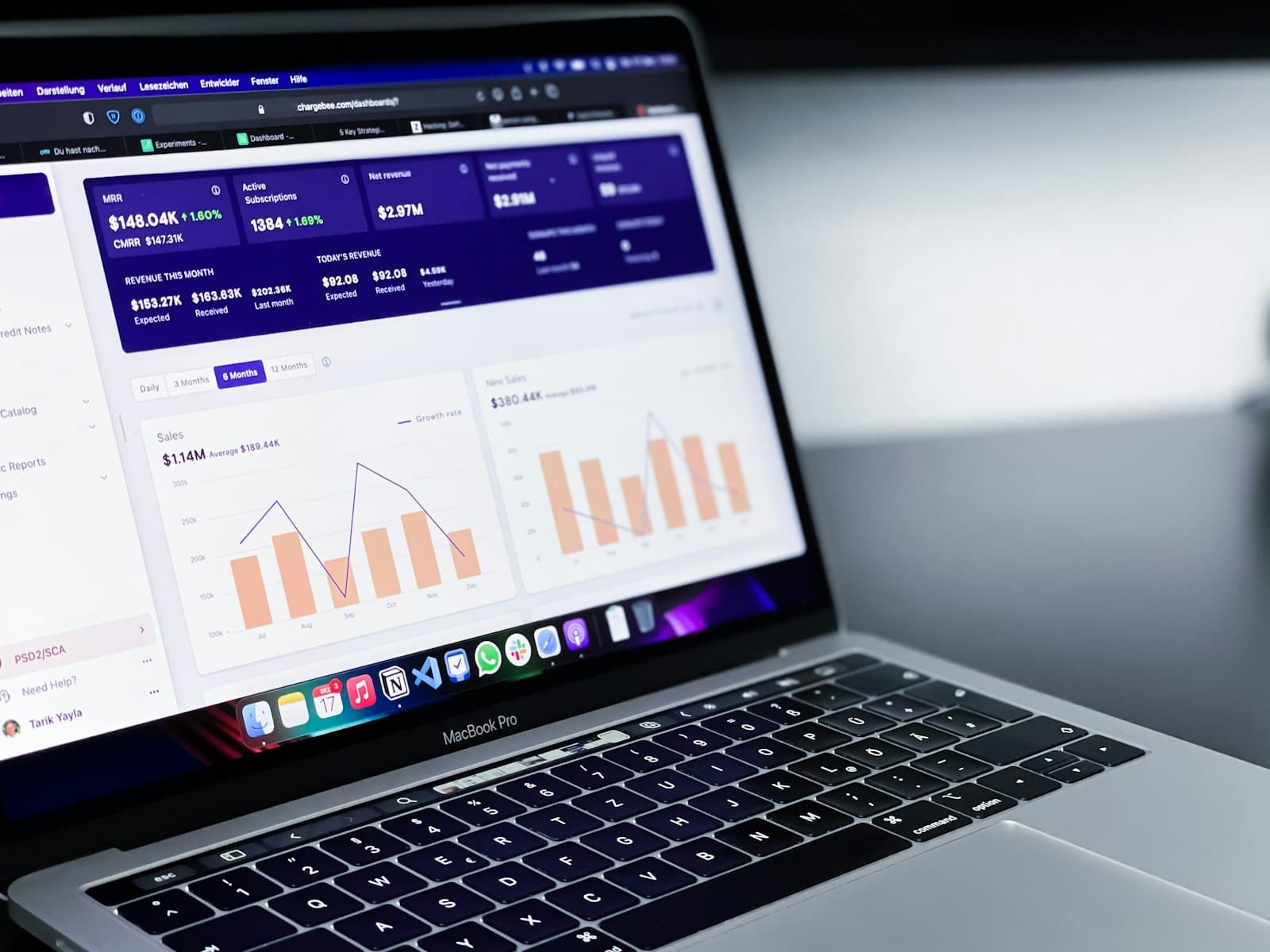 Laptop displaying a business dashboard with bar charts